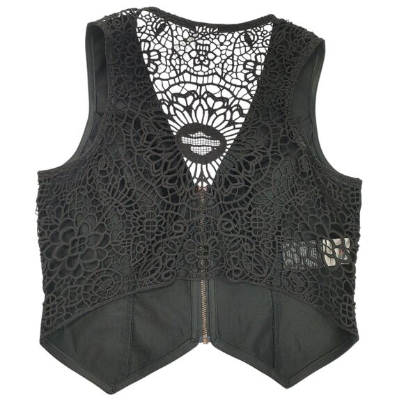 Harley Davidson Women's Black Studded Tassel Zipper Open Crochet Vest Large - Picture 2 of 13